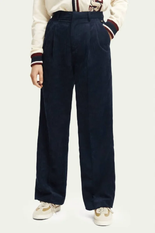 show snap pants -High Rise Wide Leg Corduroy Trousers In Navy