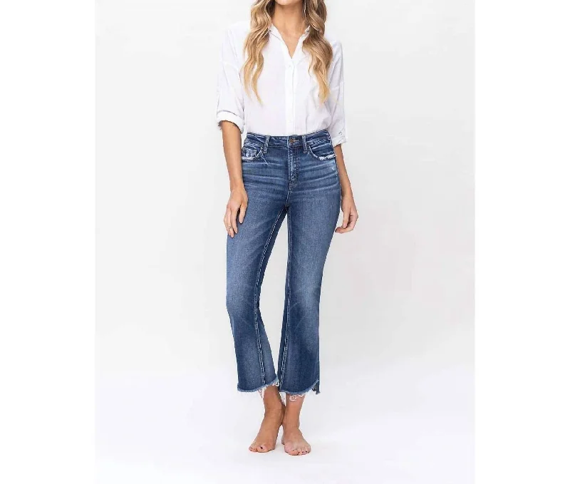 thick denim pants -Ingenuity Crop Flare Jeans In Dark Wash