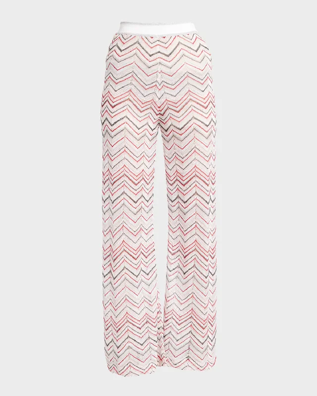 tone weave pants -Mid-Rise Chevron Pointelle Knit Straight-Leg Pull-On Trousers