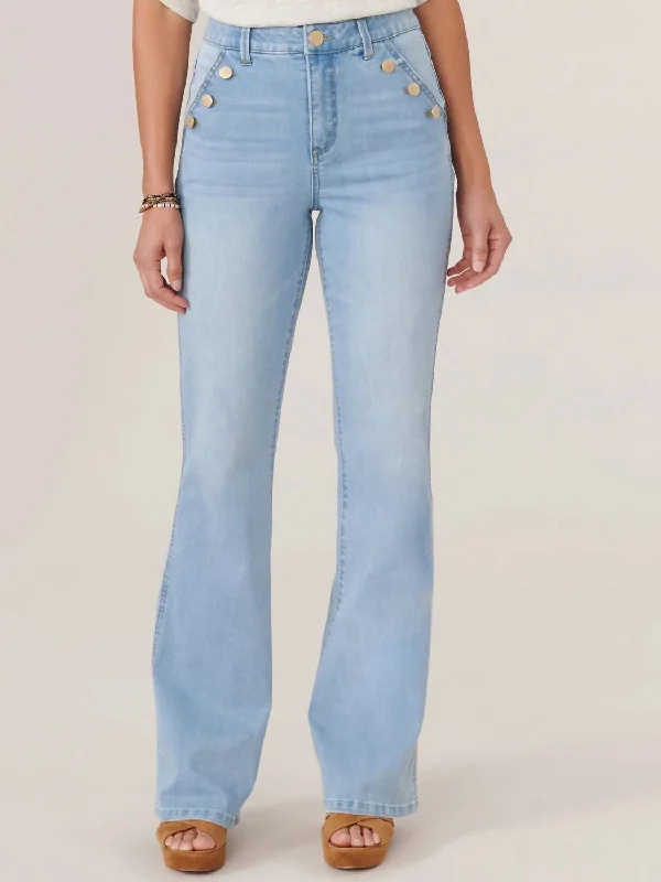 bake soft pants -Skyrise Long Flare Jean With Angled Button-Lined Pockets In Powder Blue Artisanal Denim