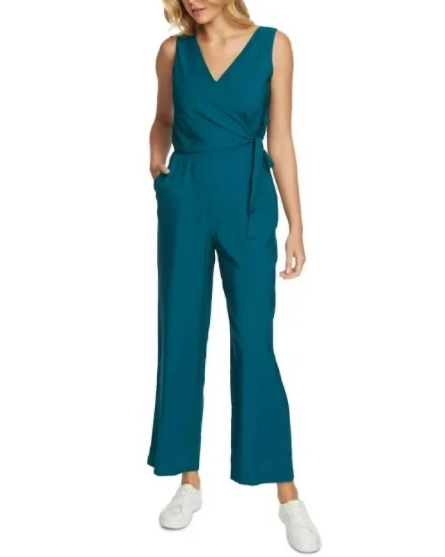 tot soft pants -Sleeveless Vneck Wrap Cropped Jumpsuit In Blue Green