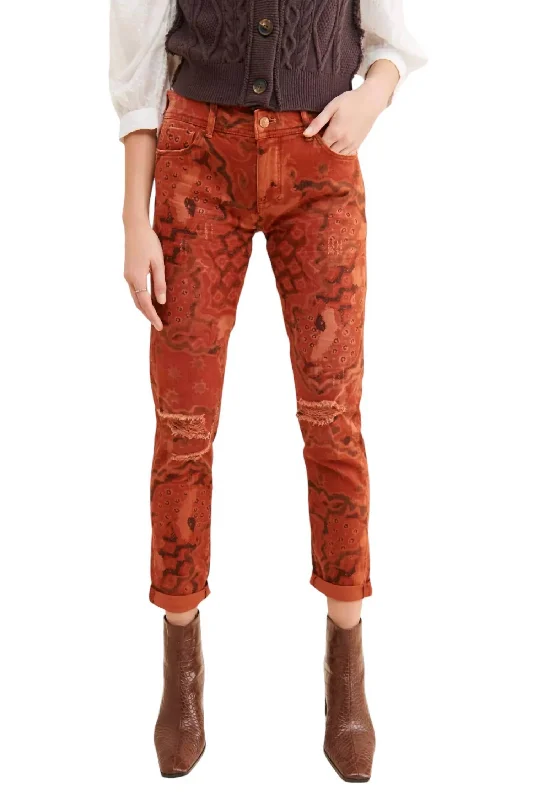 soft fade pants -Slim Boyfriend Crop Pants In Orange Motif