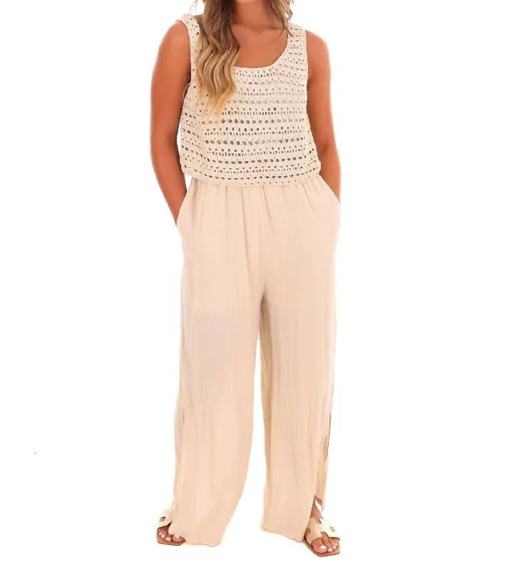 weed green pants -Walk On The Beach Crochet Jumpsuit In Shell