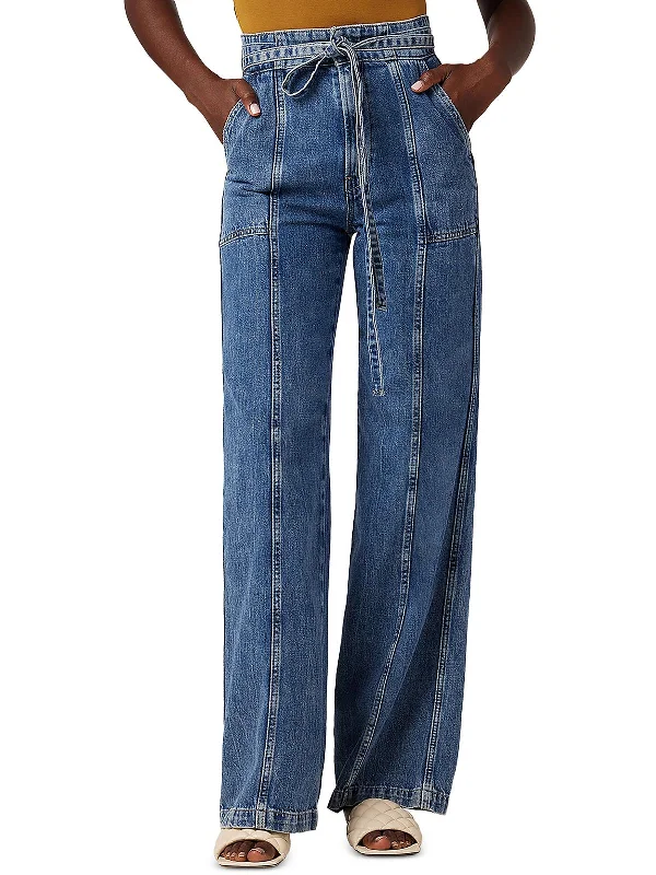 work tough pants -Womens Belted Denim Wide Leg Jeans