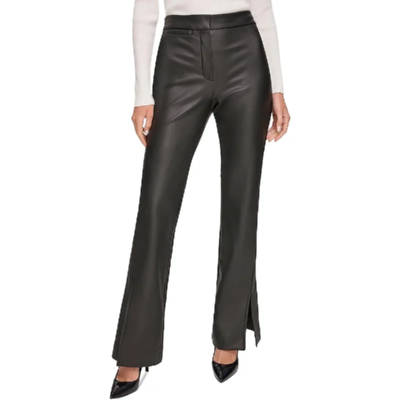 tiny cute pants -Womens Mid-Rise Faux Leather Flared Pants